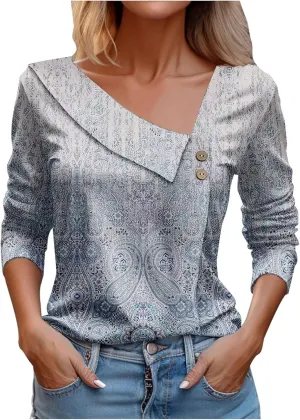 2025 Spring Shirt for Women Trendy Asymmetric Collar Regular Work Business Blouses 3/4 Sleeve Floral Print Casual Tee