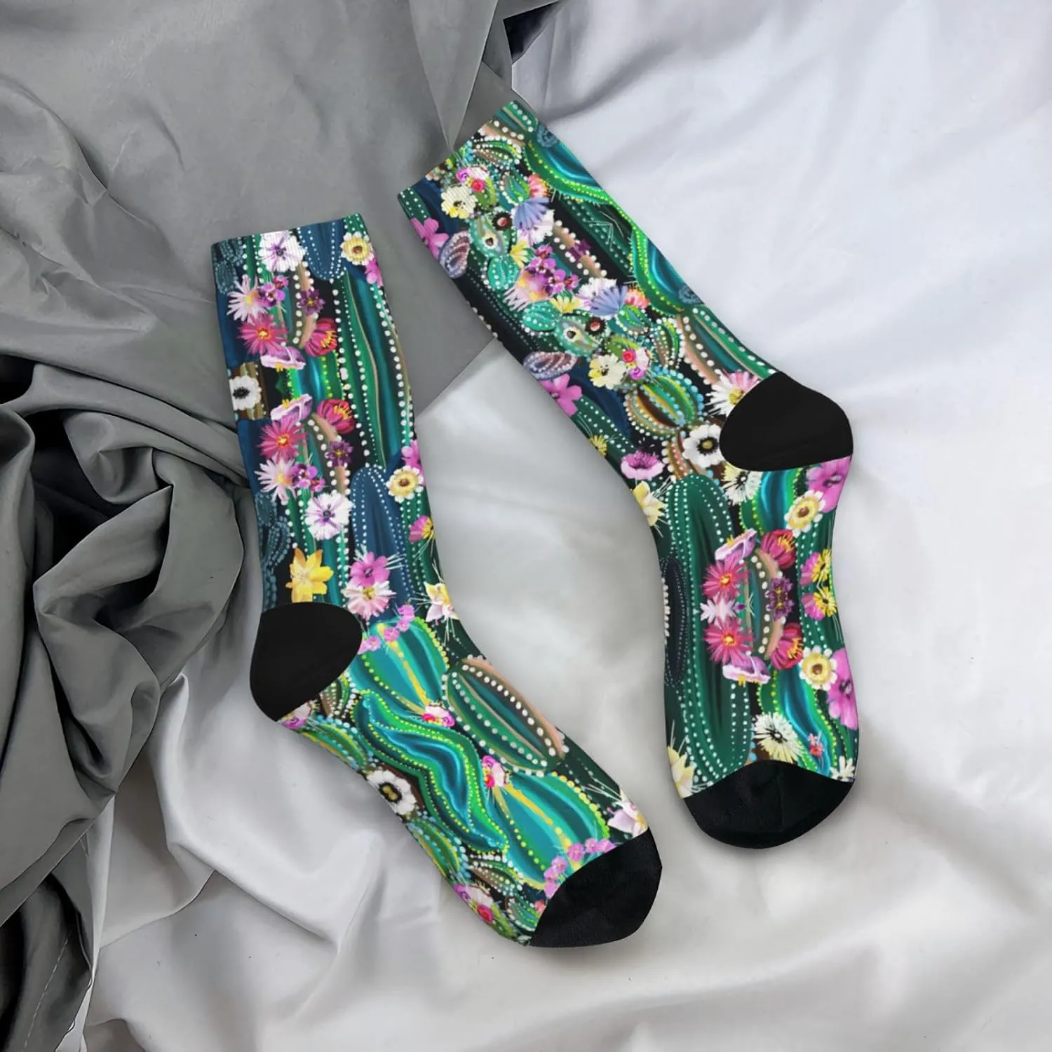 Adult Socks, Blooming Cactus Print Winter Warm Wool Socks for Women, Soft Cozy Socks, Knit Boots Socks for Men