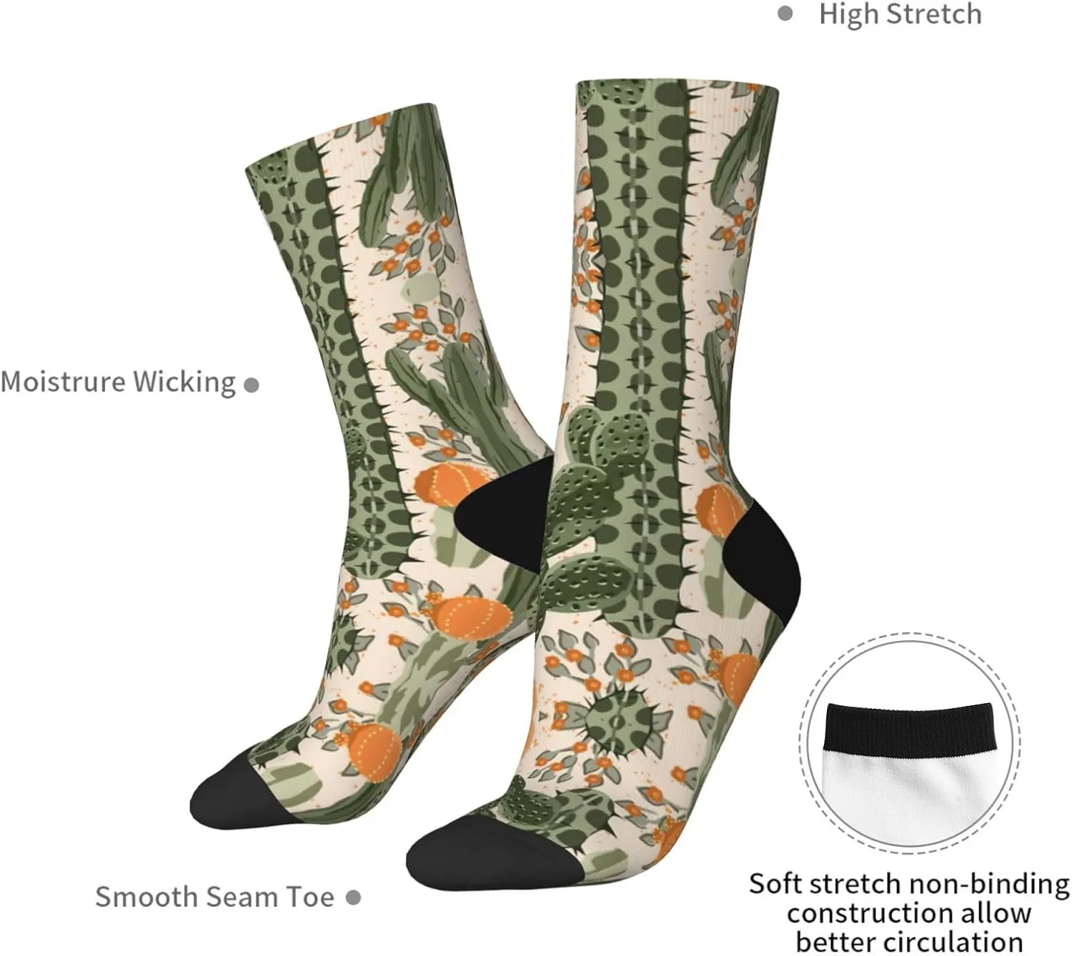Adult Socks, Green Cactus Print Winter Warm Wool Socks for Women, Soft Cozy Socks, Knit Boots Socks for Men