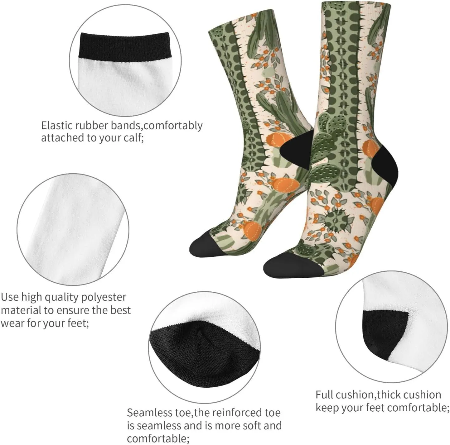 Adult Socks, Green Cactus Print Winter Warm Wool Socks for Women, Soft Cozy Socks, Knit Boots Socks for Men