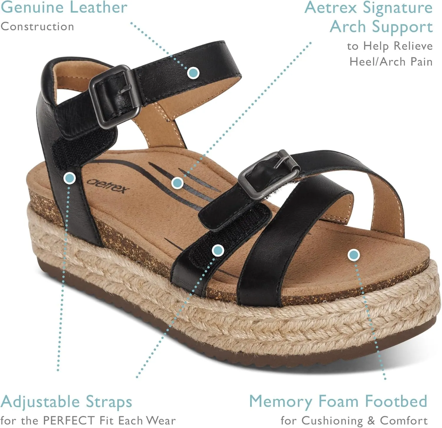 Aetrex Paula Orthopedic Open Toe Comfortable Arch Support Leather Platform Sandals - Memory Foam Footbed Adjustable Ankle Strap Platform Sandals Women