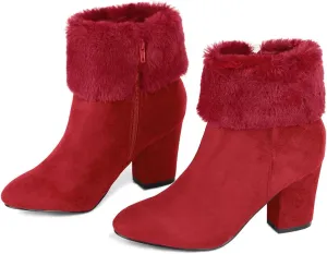 Allegra K Women's Christmas Faux Fur Chunky Heel Ankle Boots