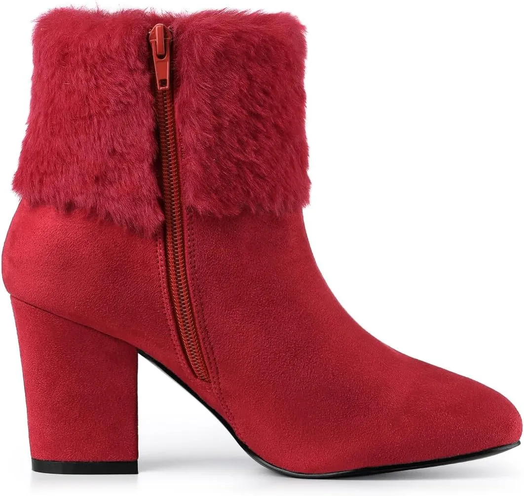 Allegra K Women's Christmas Faux Fur Chunky Heel Ankle Boots