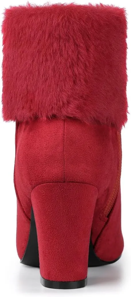 Allegra K Women's Christmas Faux Fur Chunky Heel Ankle Boots