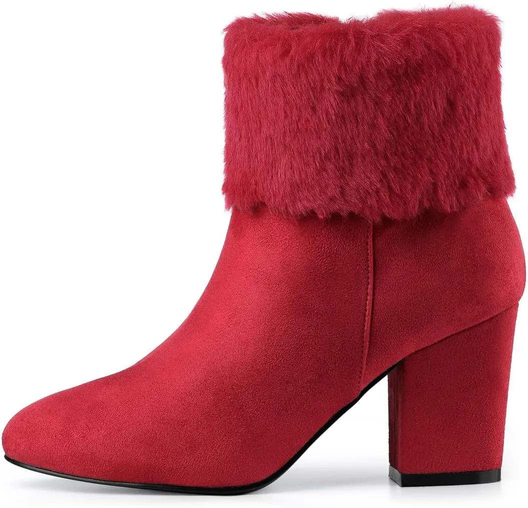 Allegra K Women's Christmas Faux Fur Chunky Heel Ankle Boots