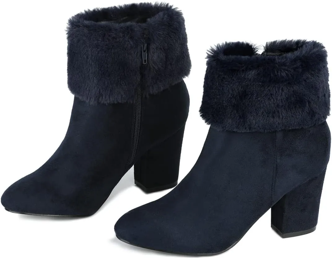 Allegra K Women's Christmas Faux Fur Chunky Heel Ankle Boots