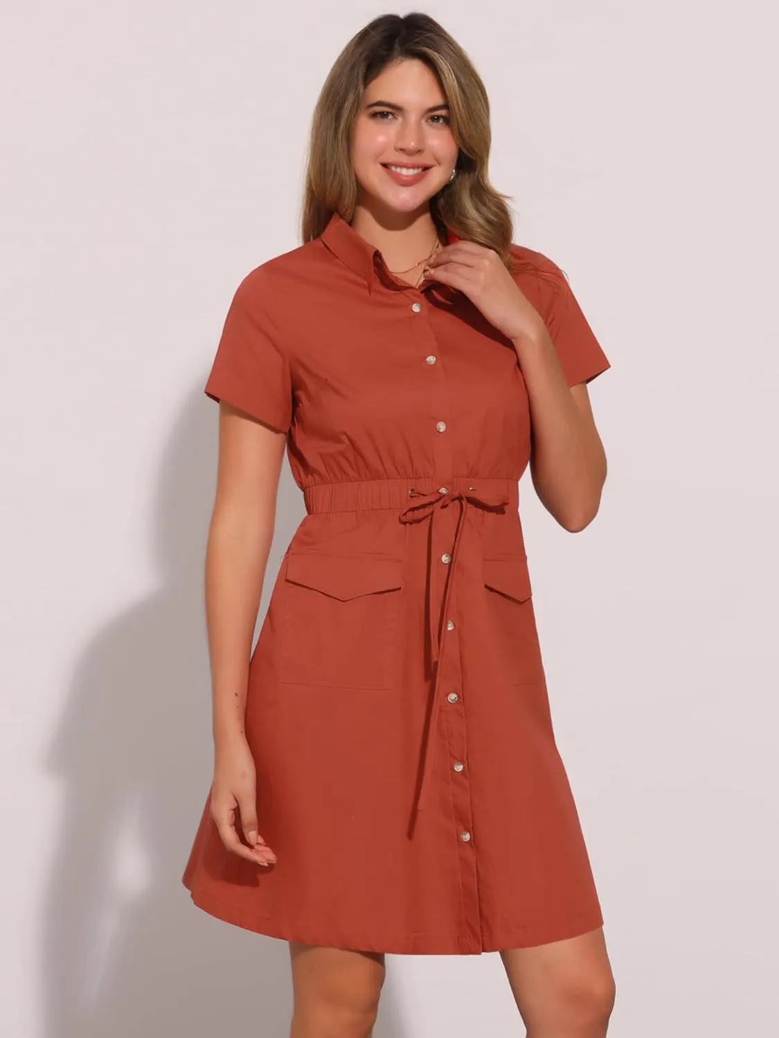 Allegra K Women's Safari Dresses Short Sleeve Cotton Button Down Collar Shirt Dress