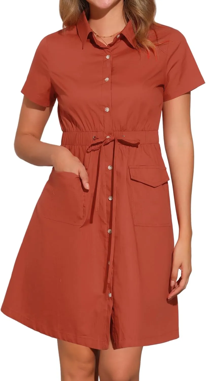 Allegra K Women's Safari Dresses Short Sleeve Cotton Button Down Collar Shirt Dress