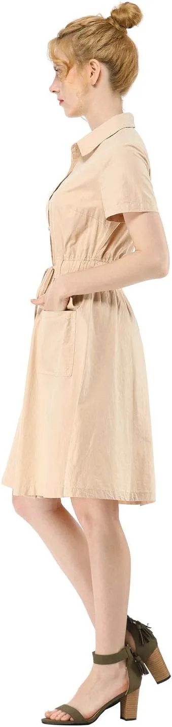 Allegra K Women's Safari Dresses Short Sleeve Cotton Button Down Collar Shirt Dress