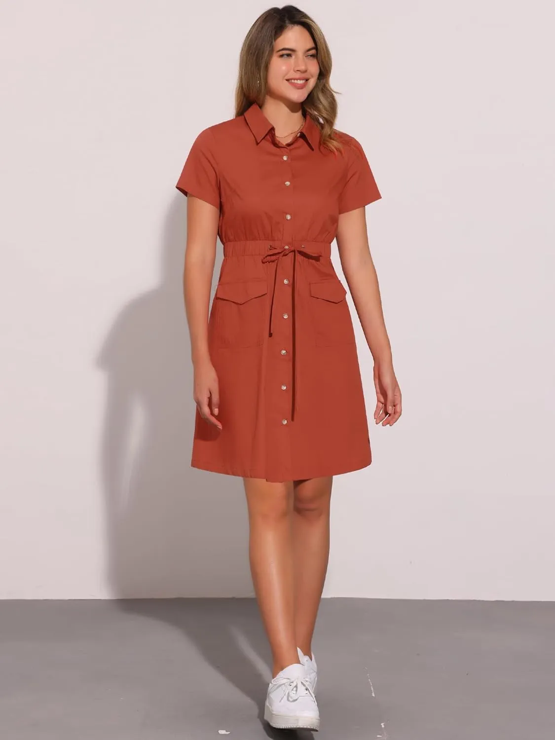 Allegra K Women's Safari Dresses Short Sleeve Cotton Button Down Collar Shirt Dress