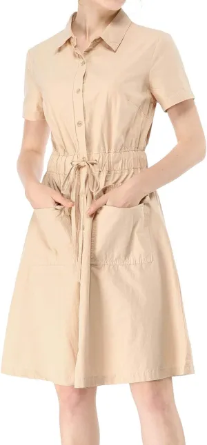 Allegra K Women's Safari Dresses Short Sleeve Cotton Button Down Collar Shirt Dress