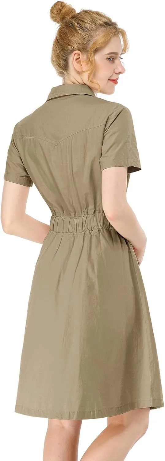 Allegra K Women's Safari Dresses Short Sleeve Cotton Button Down Collar Shirt Dress
