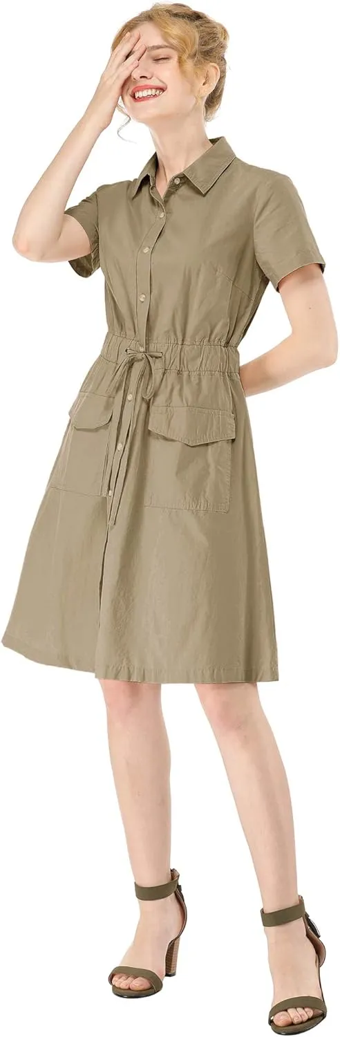 Allegra K Women's Safari Dresses Short Sleeve Cotton Button Down Collar Shirt Dress