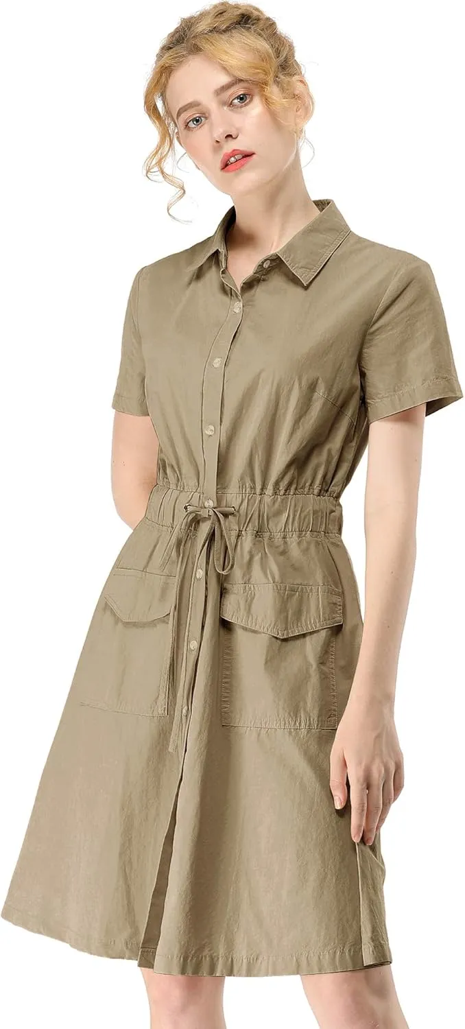 Allegra K Women's Safari Dresses Short Sleeve Cotton Button Down Collar Shirt Dress