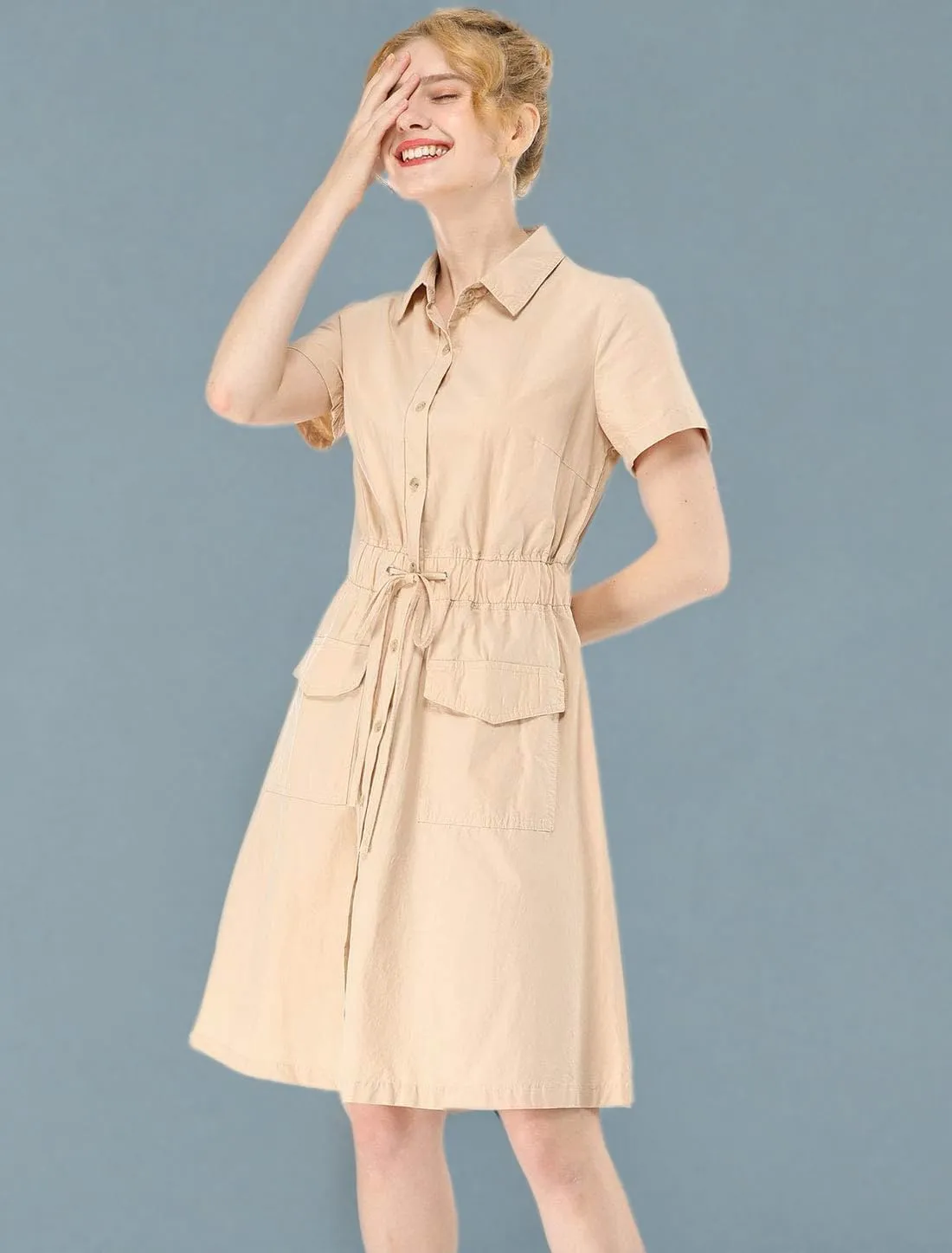 Allegra K Women's Safari Dresses Short Sleeve Cotton Button Down Collar Shirt Dress