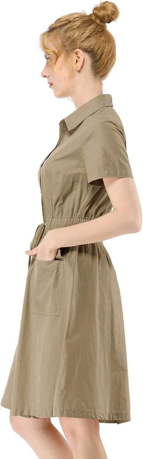 Allegra K Women's Safari Dresses Short Sleeve Cotton Button Down Collar Shirt Dress