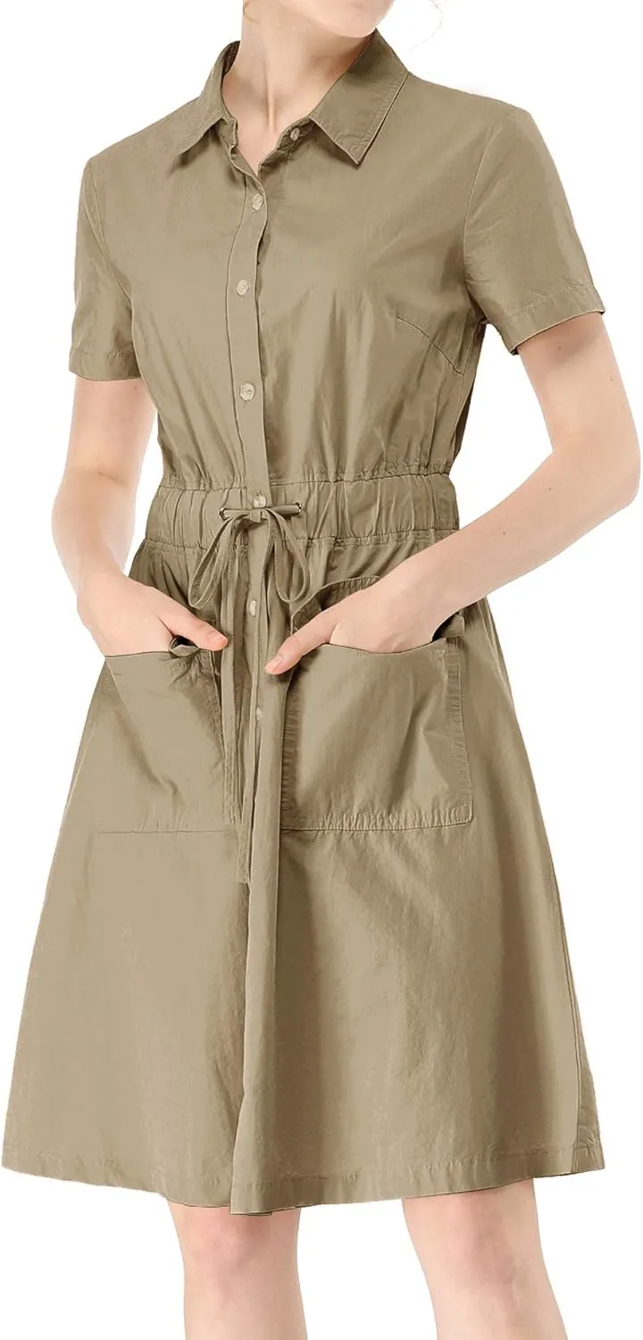 Allegra K Women's Safari Dresses Short Sleeve Cotton Button Down Collar Shirt Dress