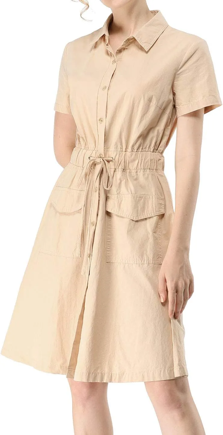 Allegra K Women's Safari Dresses Short Sleeve Cotton Button Down Collar Shirt Dress