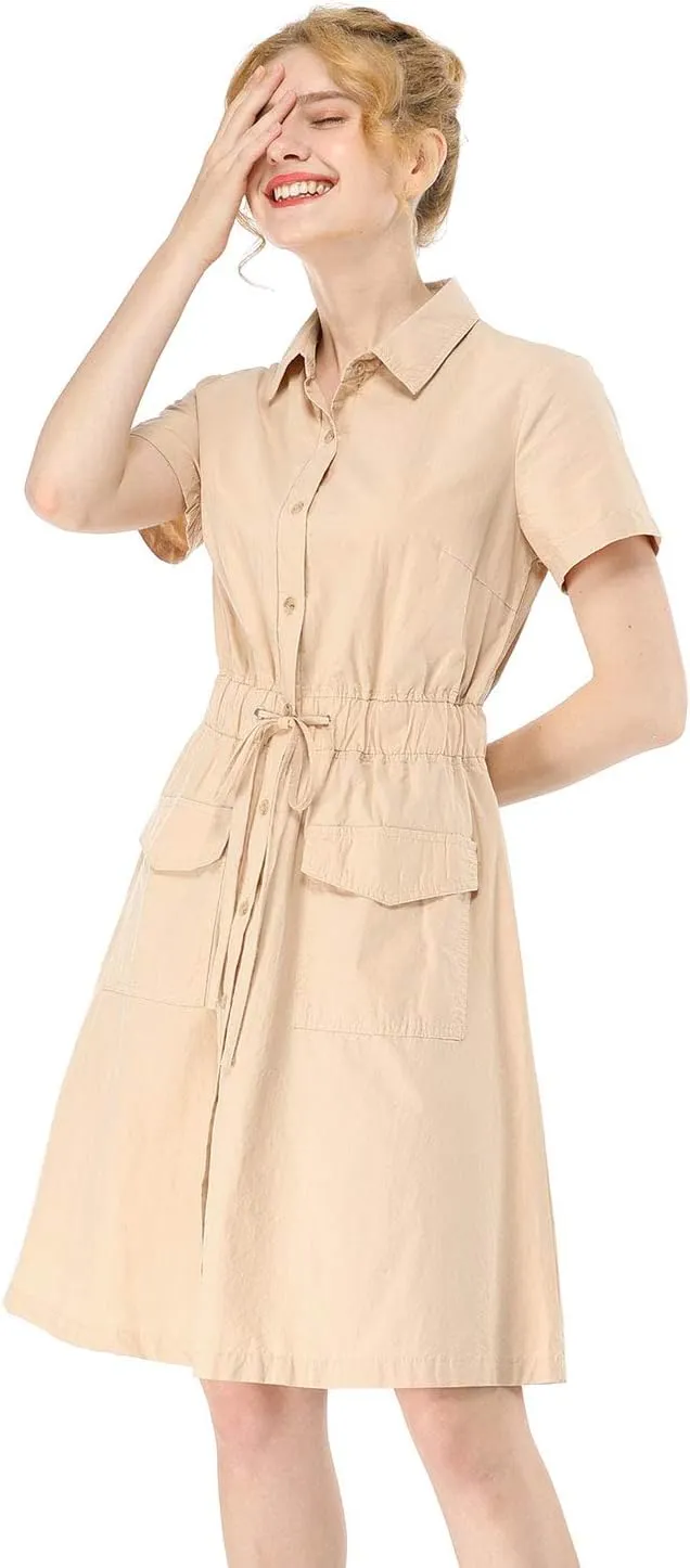 Allegra K Women's Safari Dresses Short Sleeve Cotton Button Down Collar Shirt Dress