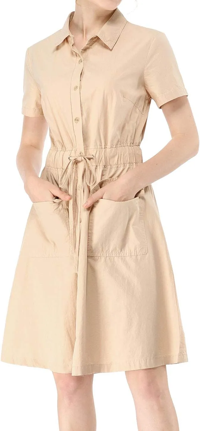 Allegra K Women's Safari Dresses Short Sleeve Cotton Button Down Collar Shirt Dress