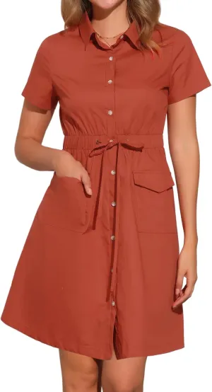 Allegra K Women's Safari Dresses Short Sleeve Cotton Button Down Collar Shirt Dress