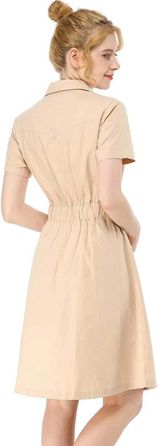 Allegra K Women's Safari Dresses Short Sleeve Cotton Button Down Collar Shirt Dress