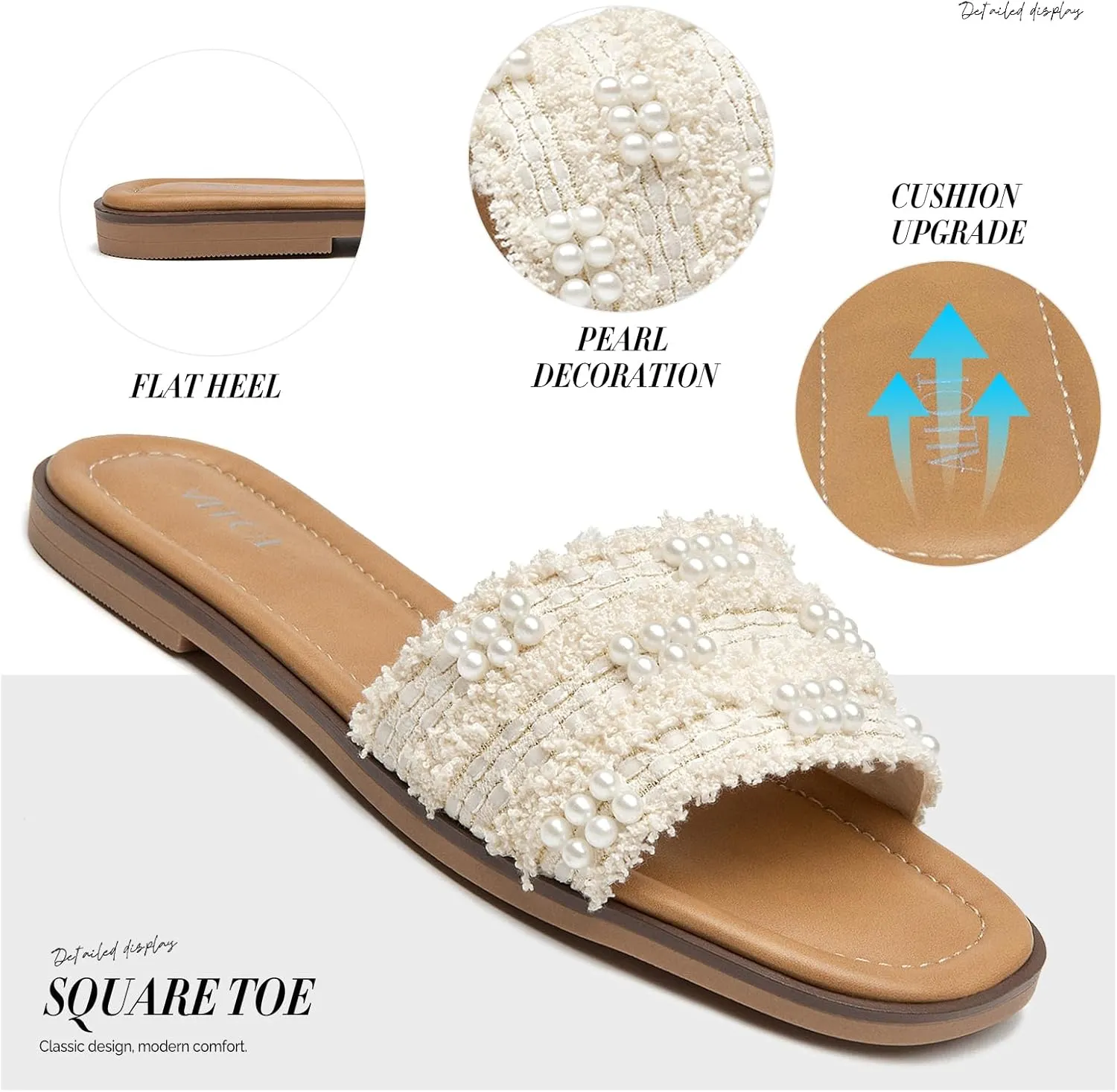 ALLOT Women's Pearls Flat Sandals Square Toe Slip On Comfortable Slides Summer Casual Beach Shoes