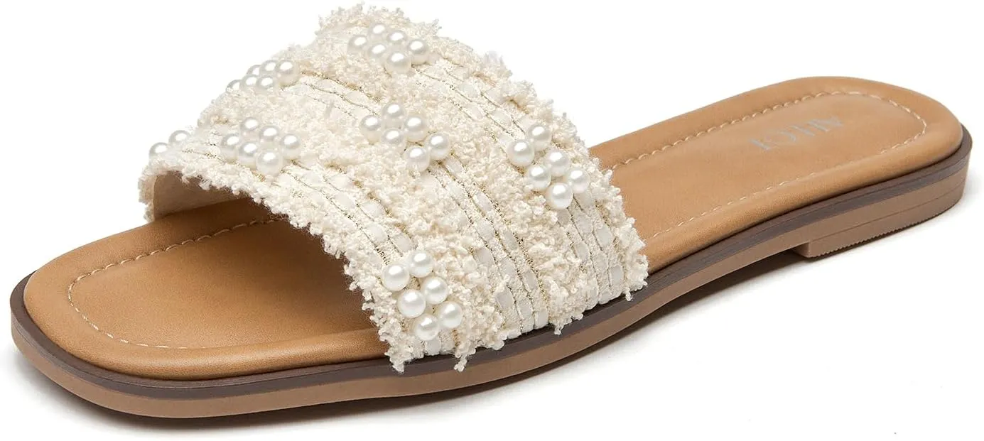 ALLOT Women's Pearls Flat Sandals Square Toe Slip On Comfortable Slides Summer Casual Beach Shoes
