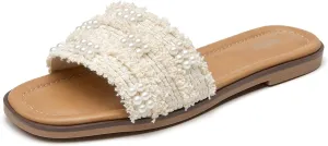 ALLOT Women's Pearls Flat Sandals Square Toe Slip On Comfortable Slides Summer Casual Beach Shoes
