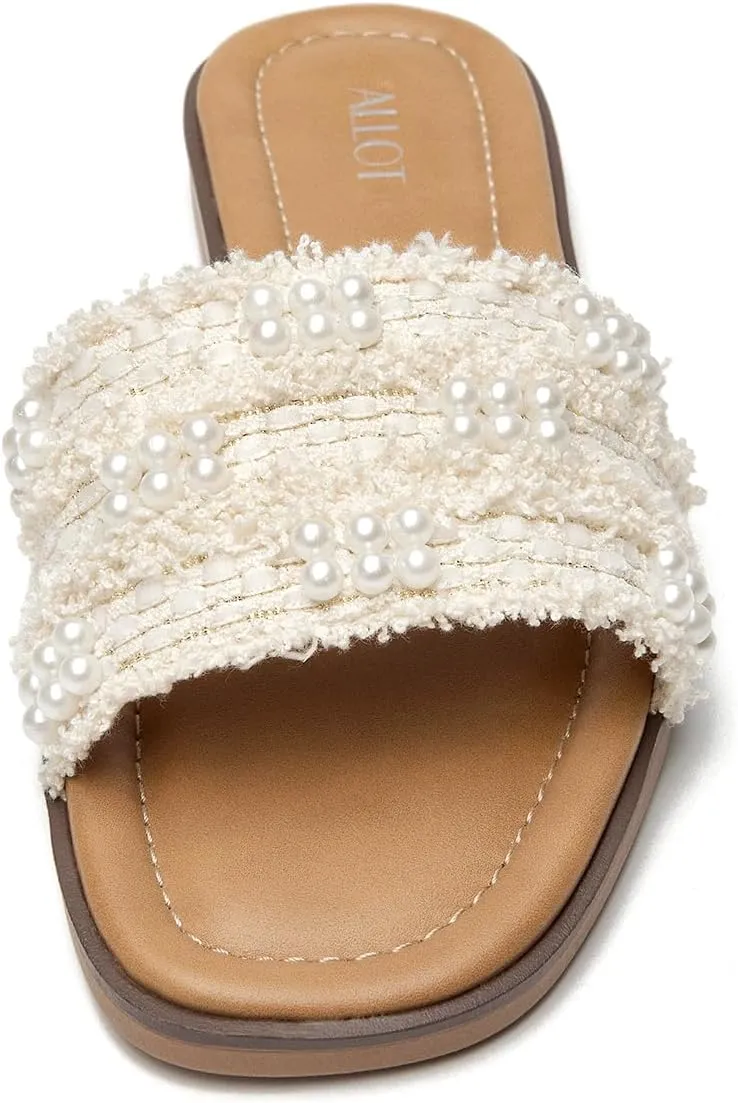 ALLOT Women's Pearls Flat Sandals Square Toe Slip On Comfortable Slides Summer Casual Beach Shoes
