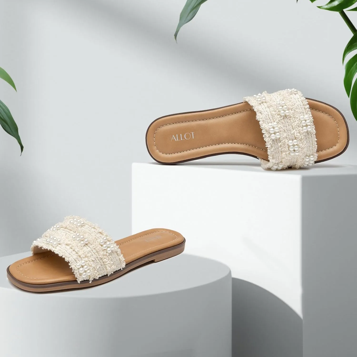 ALLOT Women's Pearls Flat Sandals Square Toe Slip On Comfortable Slides Summer Casual Beach Shoes