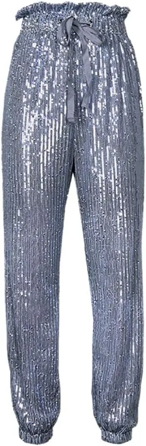 ALLUMK Womens Black Sequin Bling Legging Joggers Pencil Pants with Drawstring