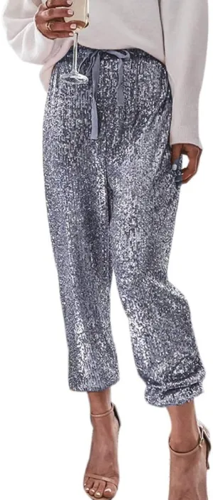 ALLUMK Womens Black Sequin Bling Legging Joggers Pencil Pants with Drawstring
