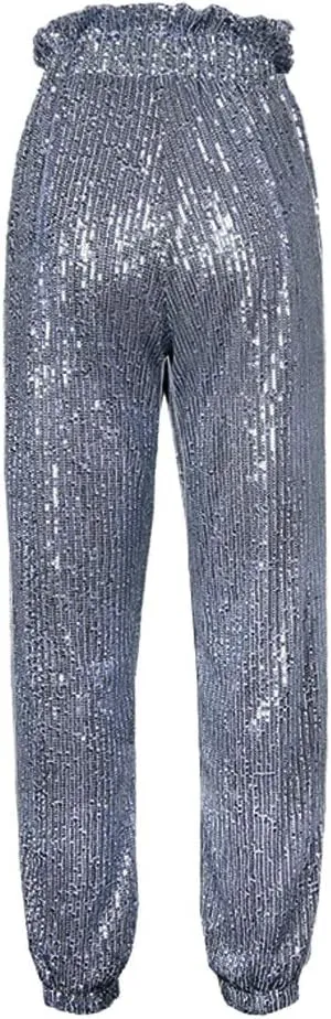 ALLUMK Womens Black Sequin Bling Legging Joggers Pencil Pants with Drawstring
