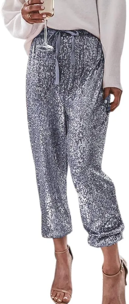 ALLUMK Womens Black Sequin Bling Legging Joggers Pencil Pants with Drawstring