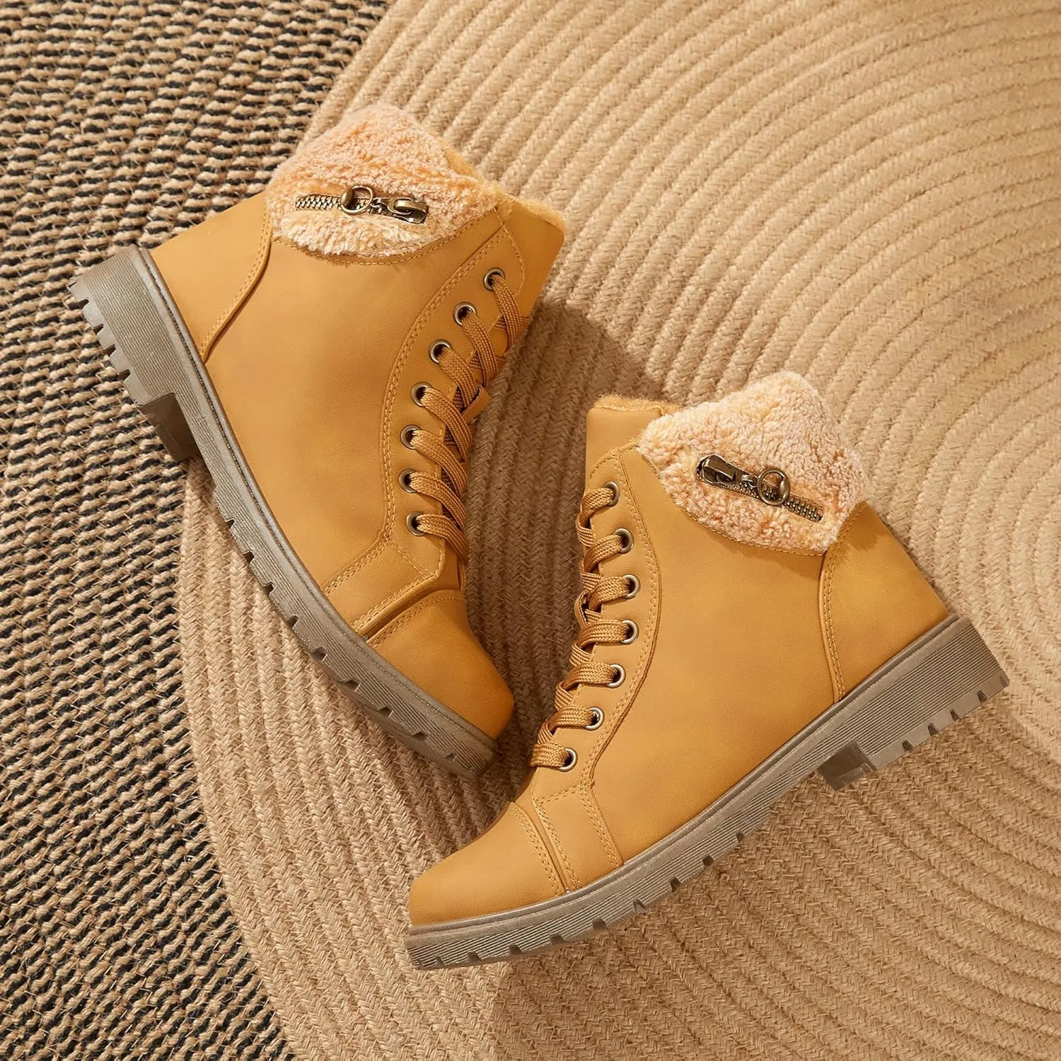 ALTOCIS Women’s Fur Lined Winter Snow Boots Short Mid Calf Fashion Boot Art Resin Button Faux Suede Boots for Women