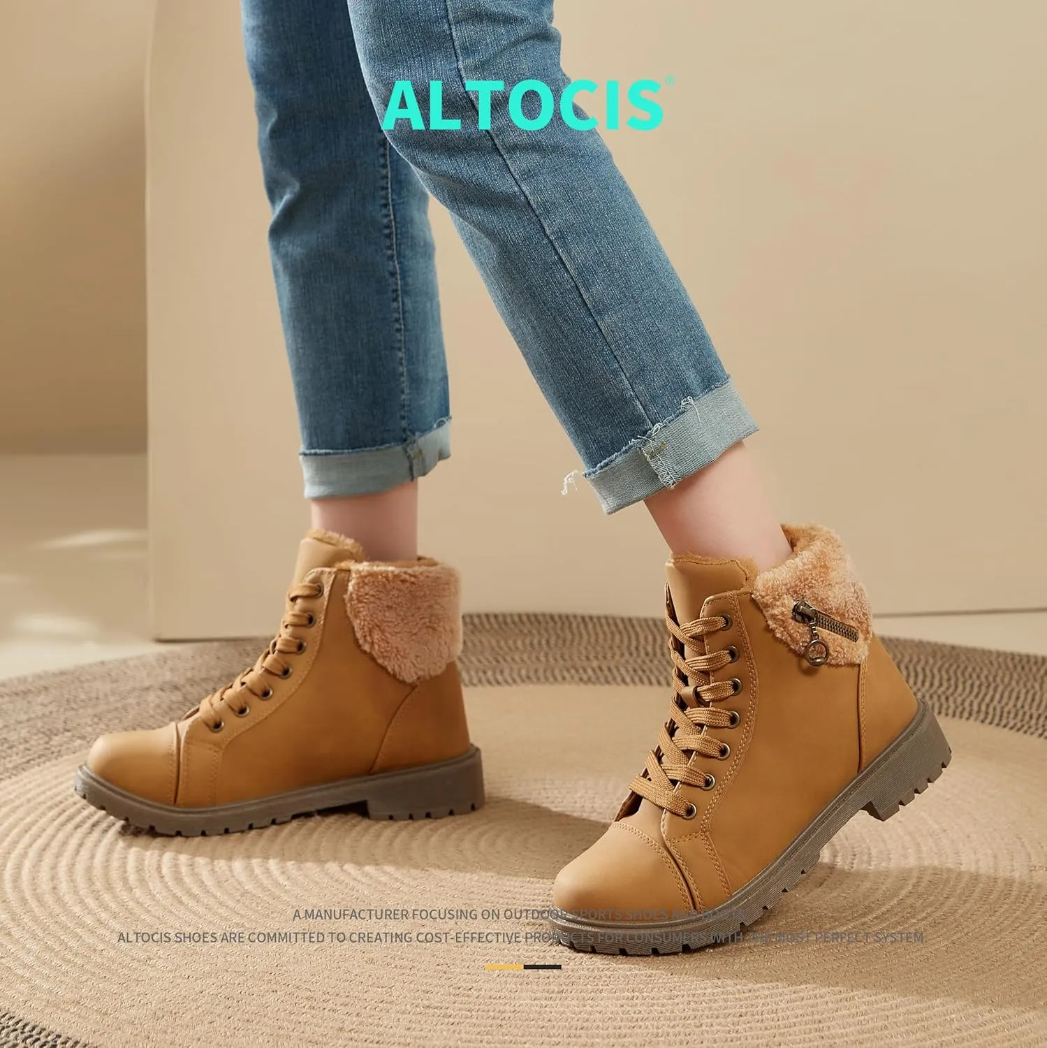 ALTOCIS Women’s Fur Lined Winter Snow Boots Short Mid Calf Fashion Boot Art Resin Button Faux Suede Boots for Women