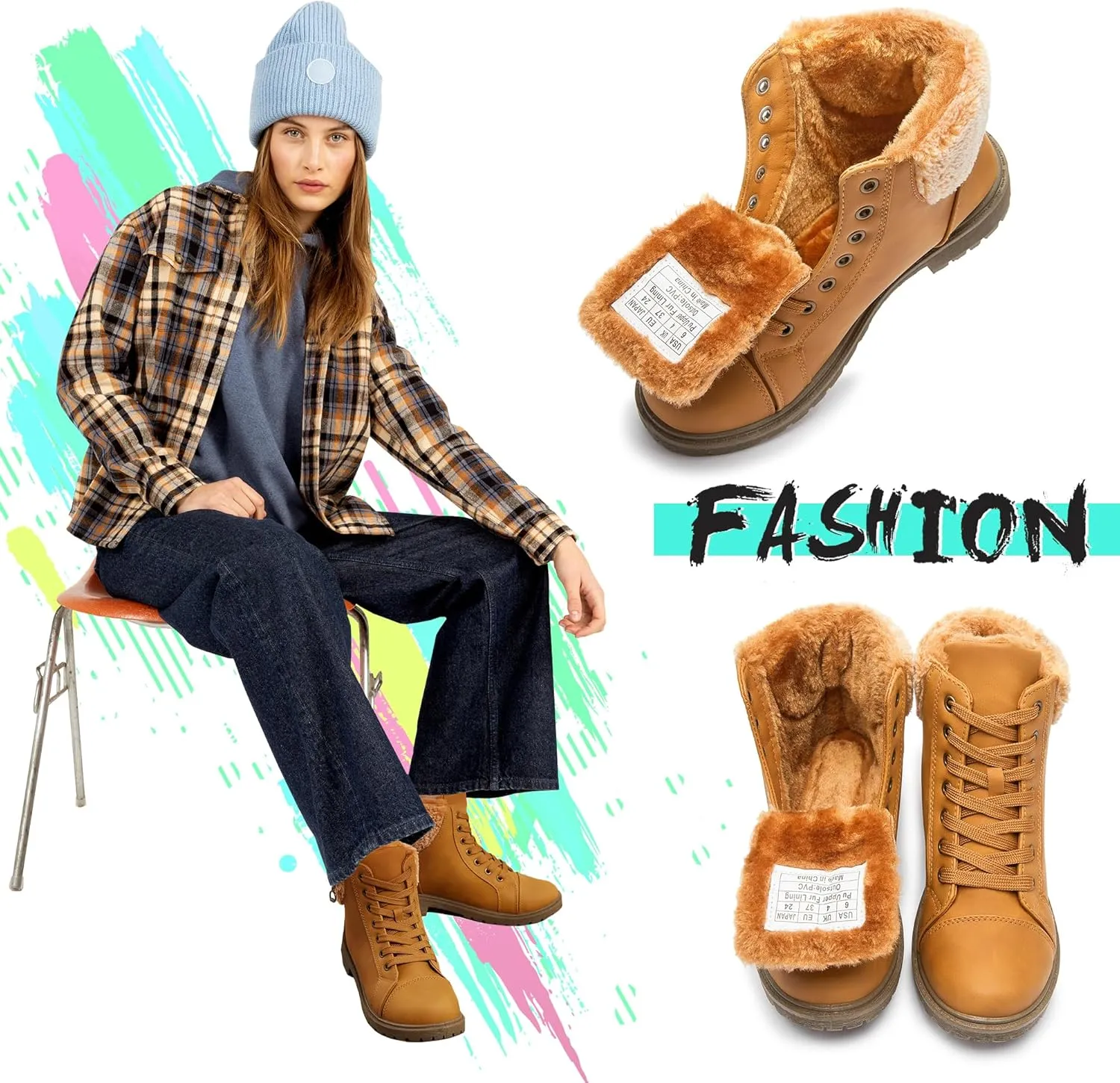 ALTOCIS Women’s Fur Lined Winter Snow Boots Short Mid Calf Fashion Boot Art Resin Button Faux Suede Boots for Women