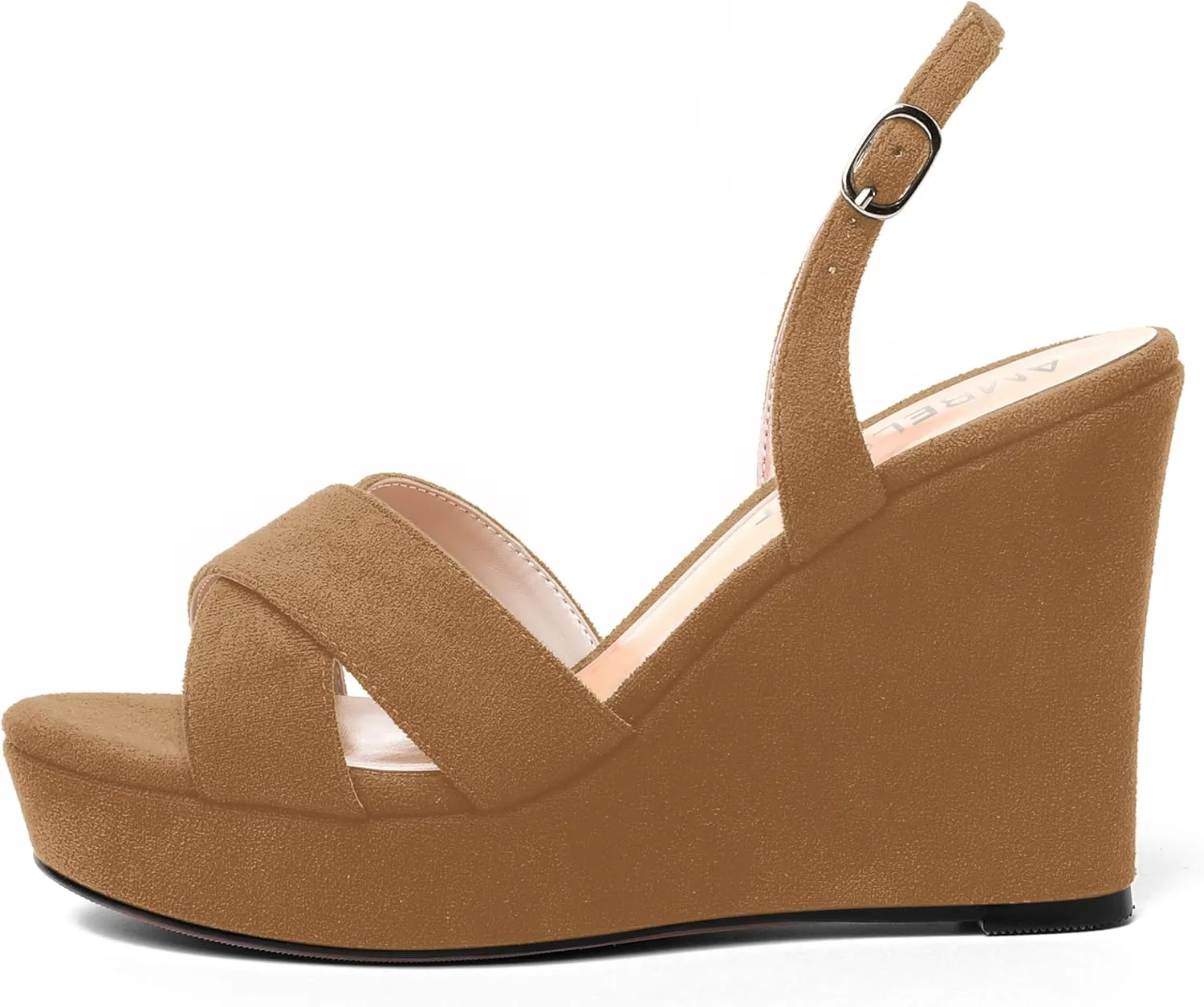 AMBELIGHT Womens Solid Dress Buckle Open Toe Suede Dating Platform Slingback Wedge High Heel Sandals 4 Inch