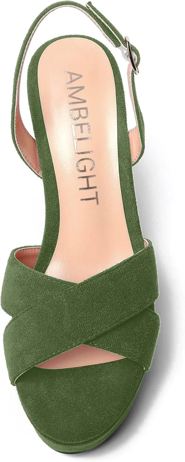 AMBELIGHT Womens Solid Dress Buckle Open Toe Suede Dating Platform Slingback Wedge High Heel Sandals 4 Inch