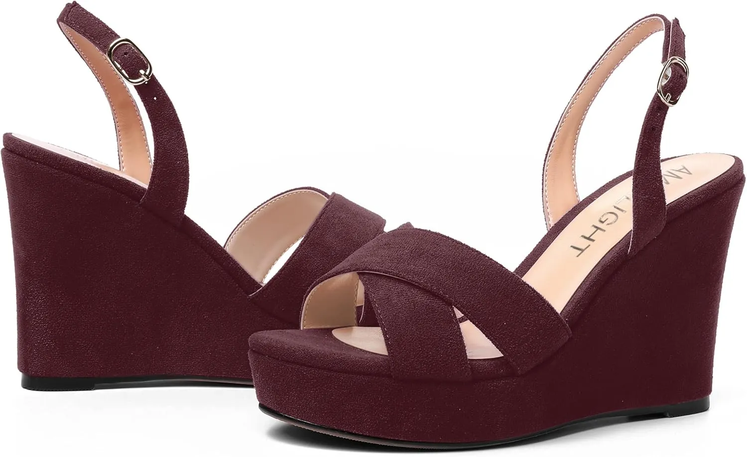 AMBELIGHT Womens Solid Dress Buckle Open Toe Suede Dating Platform Slingback Wedge High Heel Sandals 4 Inch