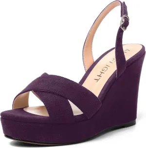 AMBELIGHT Womens Solid Dress Buckle Open Toe Suede Dating Platform Slingback Wedge High Heel Sandals 4 Inch