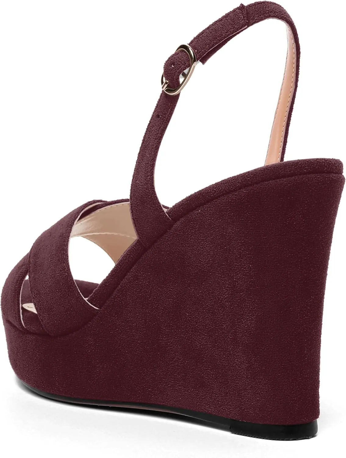 AMBELIGHT Womens Solid Dress Buckle Open Toe Suede Dating Platform Slingback Wedge High Heel Sandals 4 Inch