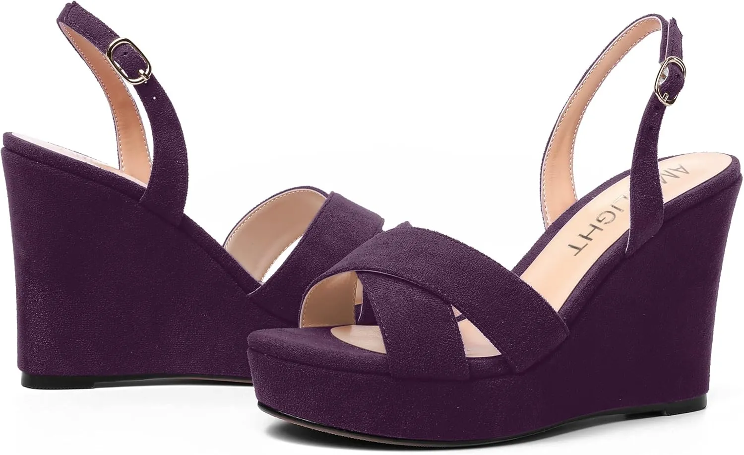 AMBELIGHT Womens Solid Dress Buckle Open Toe Suede Dating Platform Slingback Wedge High Heel Sandals 4 Inch