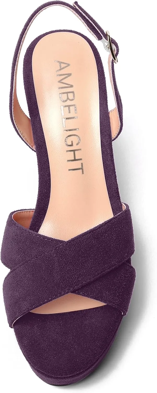 AMBELIGHT Womens Solid Dress Buckle Open Toe Suede Dating Platform Slingback Wedge High Heel Sandals 4 Inch