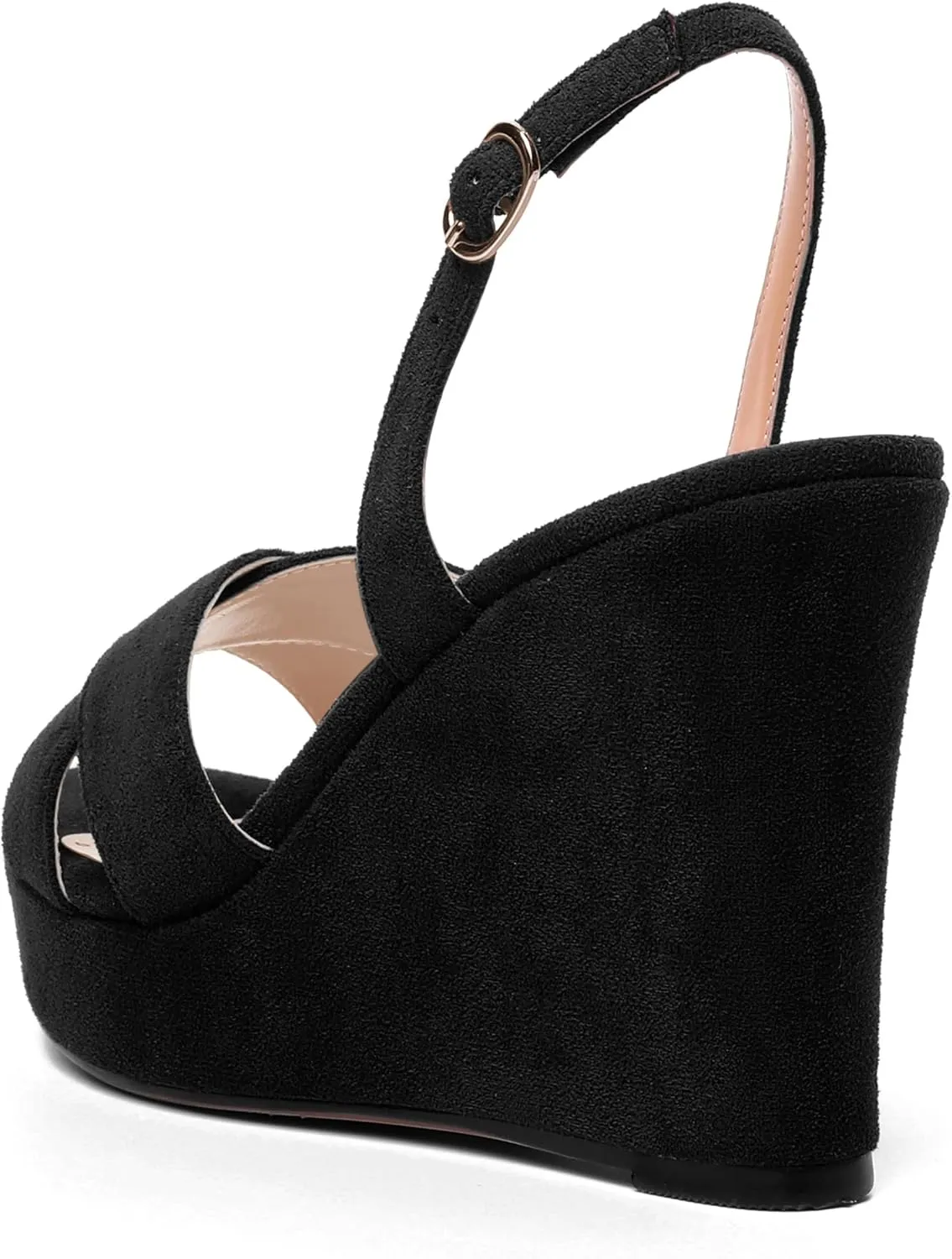 AMBELIGHT Womens Solid Dress Buckle Open Toe Suede Dating Platform Slingback Wedge High Heel Sandals 4 Inch