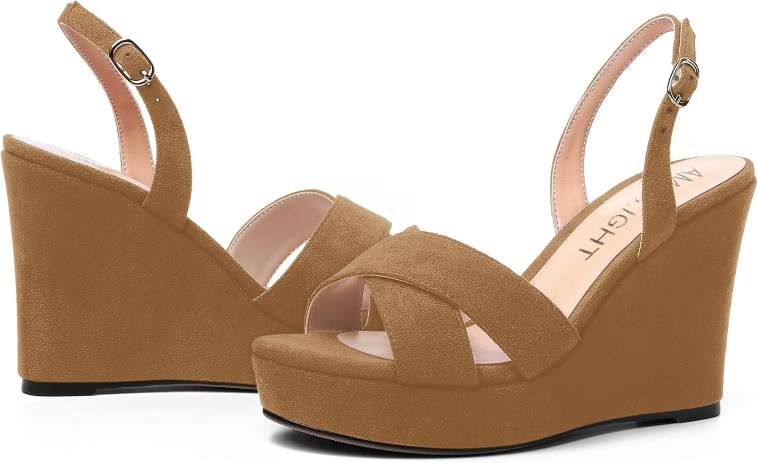 AMBELIGHT Womens Solid Dress Buckle Open Toe Suede Dating Platform Slingback Wedge High Heel Sandals 4 Inch