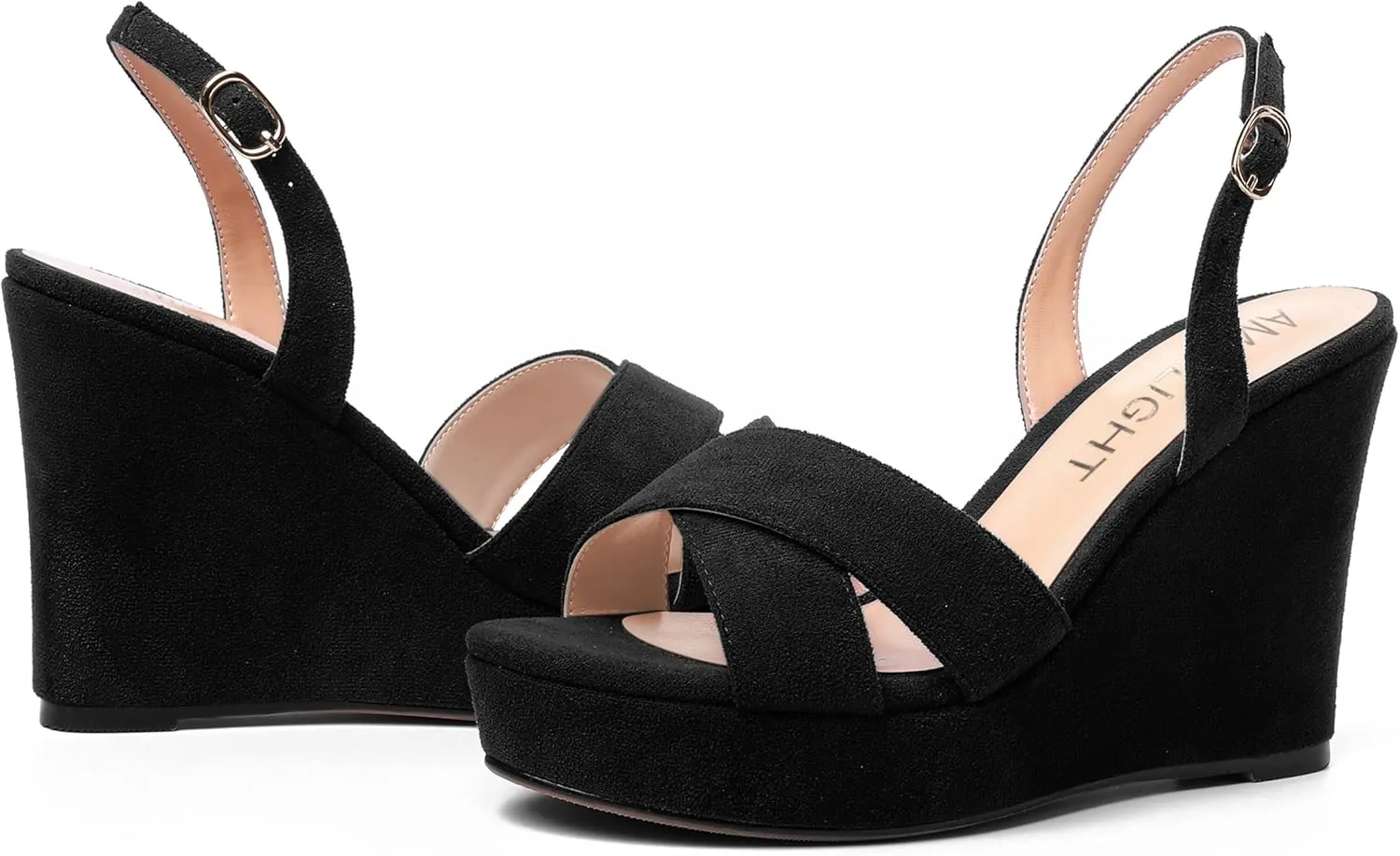 AMBELIGHT Womens Solid Dress Buckle Open Toe Suede Dating Platform Slingback Wedge High Heel Sandals 4 Inch