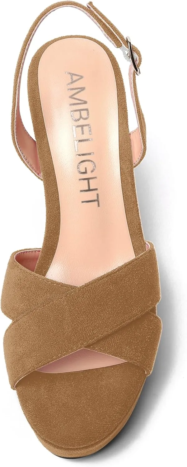 AMBELIGHT Womens Solid Dress Buckle Open Toe Suede Dating Platform Slingback Wedge High Heel Sandals 4 Inch