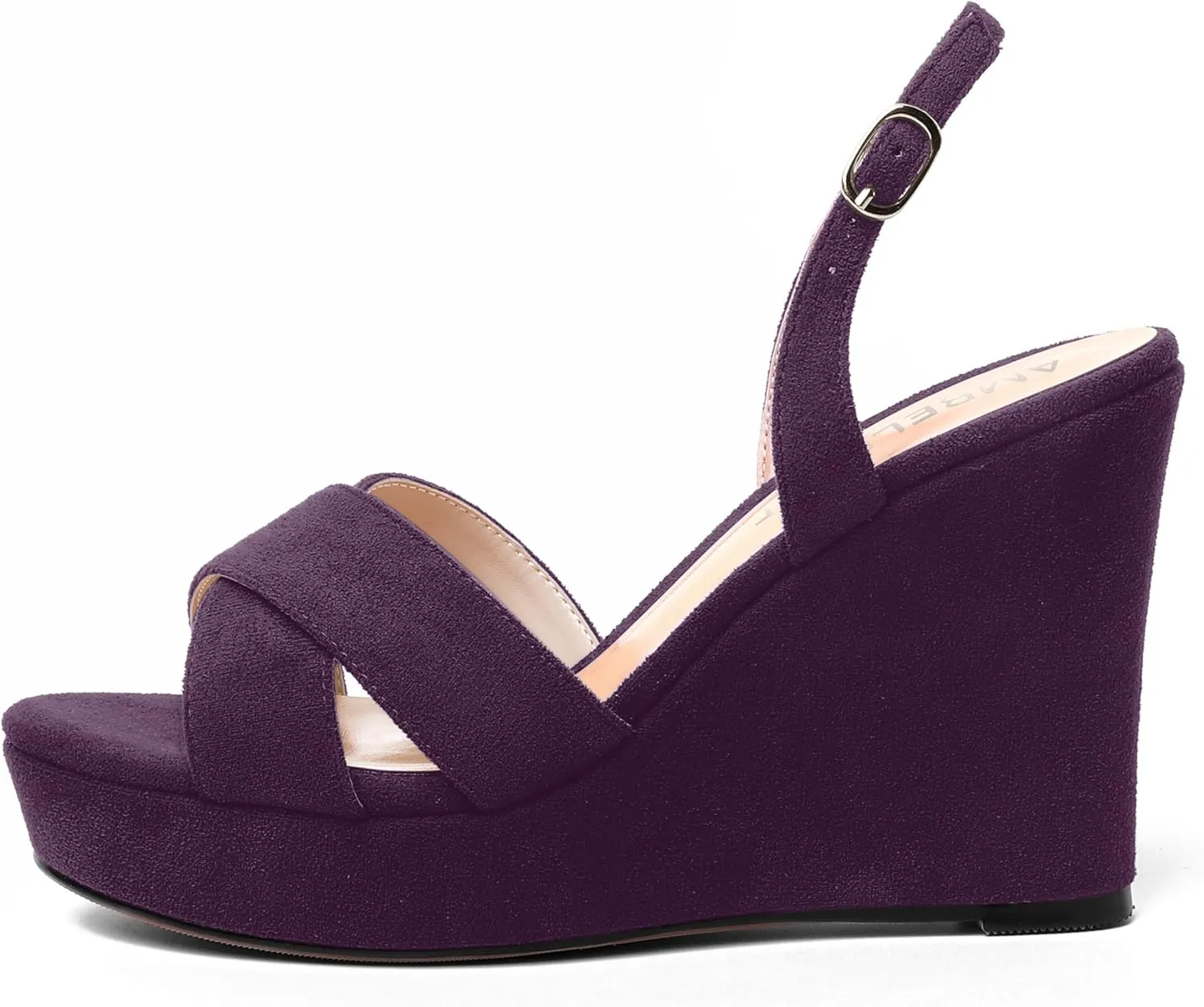 AMBELIGHT Womens Solid Dress Buckle Open Toe Suede Dating Platform Slingback Wedge High Heel Sandals 4 Inch